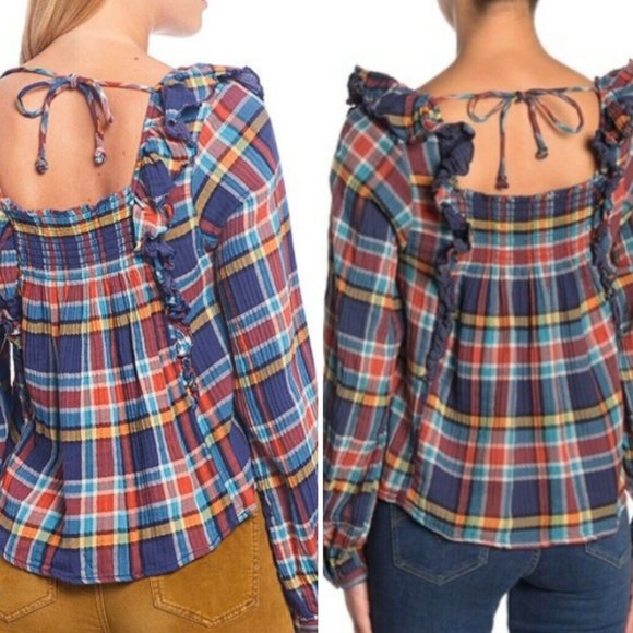 Free People Siena Plaid Pullover in Blue  Ruffled - Picture 3 of 10